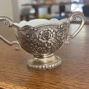 Vintage Silverplated over Enamel open Sugar Bowl Roses